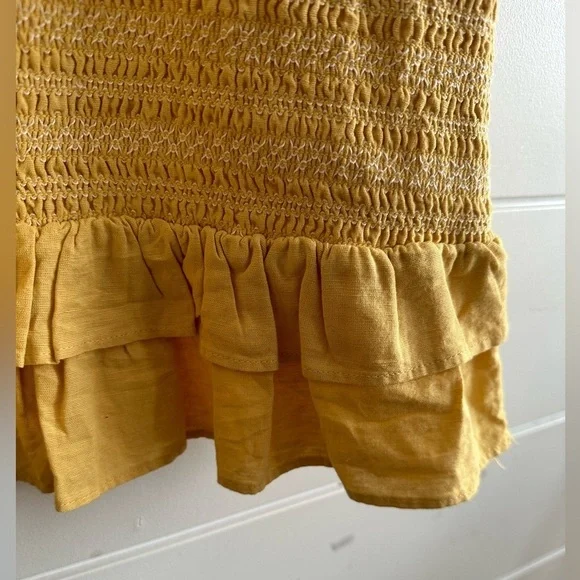 Linen Smocked Knee Length Dress - Yellow/ White Size: Estimate XS/S - Picture 6 of 14